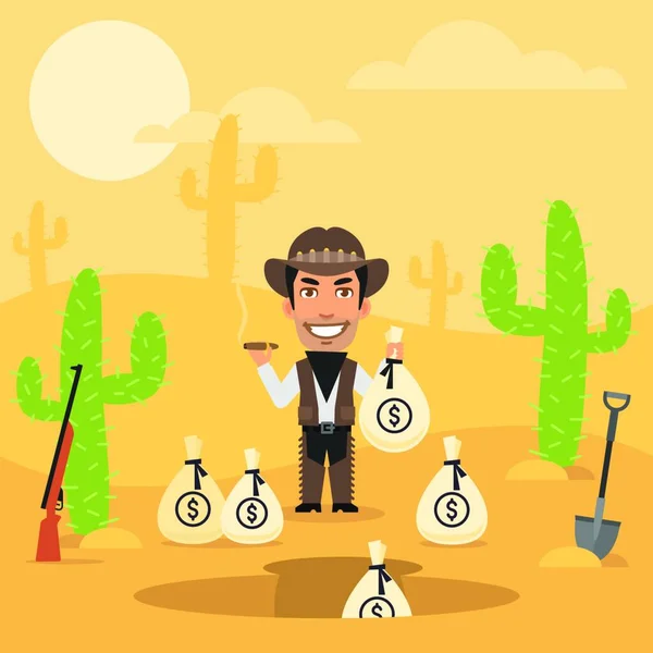 Cowboy Robber Hides Money Desert — Stock Vector