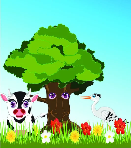 Tree and animals on glade