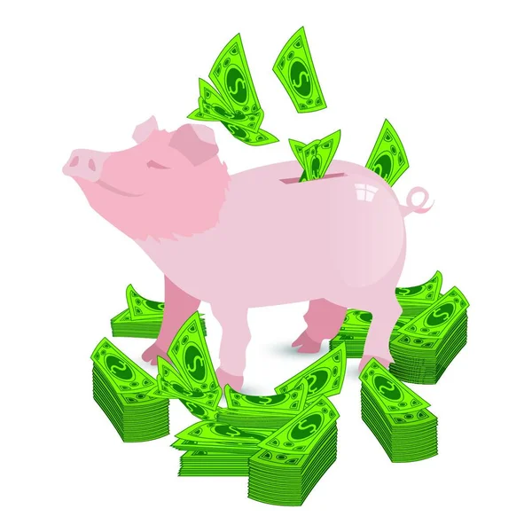 Свинья Розовые Деньги Копилка Бумагой Зеленые Доллары — стоковый вектор
