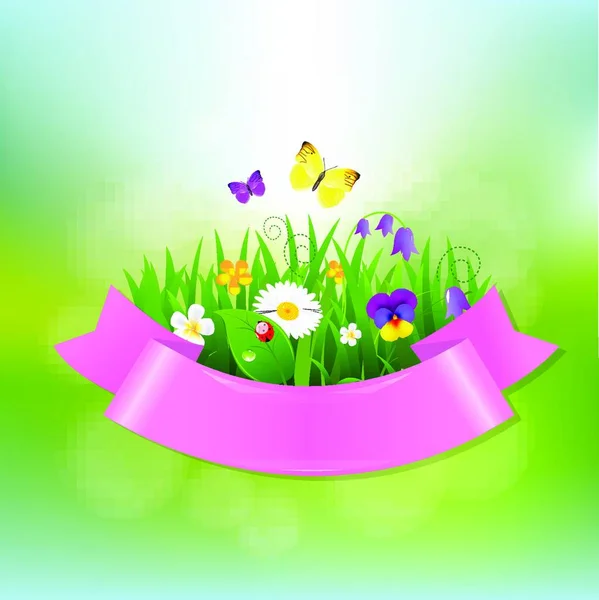 Spring Flowers Pink Ribbon — Stock Vector