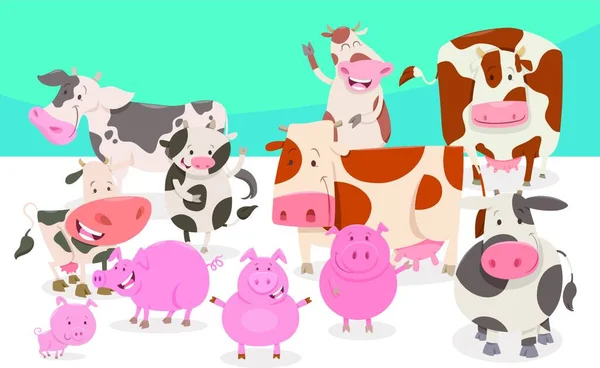 Cute Comic Farm Animal Characters Group Vector Illustration Simple Design — Stock Vector