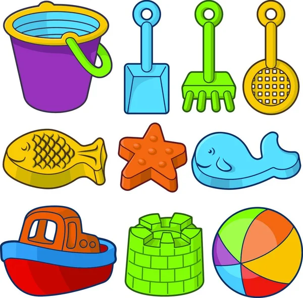 Brinquedos Praia Ícones Ilustração Vetorial Colorido — Vetor de Stock