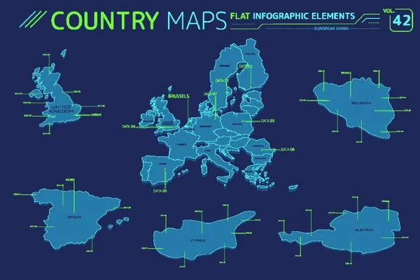 Unione Europea Austria Belgio Cipro Spagna Regno Unito Mappe Vettoriali — Vettoriale Stock