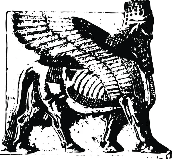 アッシリア彫刻は ホルサバードからアッシリアの翼の雄牛です — ストックベクタ