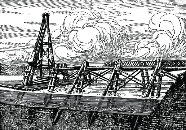 朱利叶斯 凯撒在莱茵河上建造的凯撒桥 矢量图解设计 — 图库矢量图片