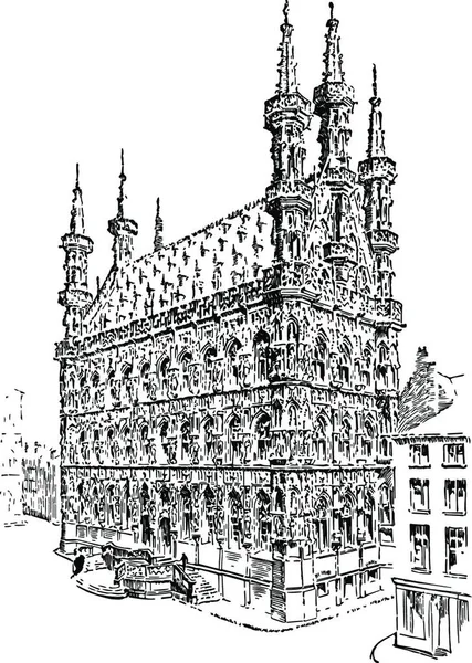 Balai Kota Louvain Dari Ukiran Antik Abad - Stok Vektor