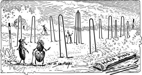 Saç Tokalarıyla Kriket Oynayan Karıncalar Klasik Çizimler — Stok Vektör