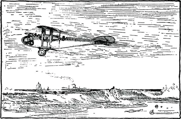 Avião Voando Acima Costa Ilustração Vintage — Vetor de Stock