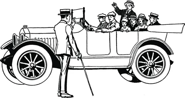 Familia Coche Saludo Man Road Ilustración Vintage — Vector de stock