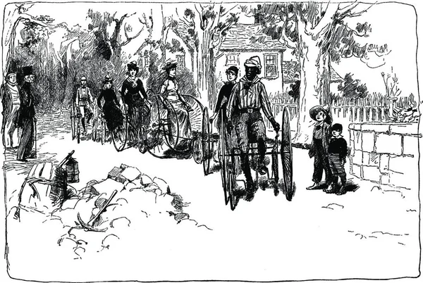 People Riding Tricycles Vintage Illustration — Stok Vektör