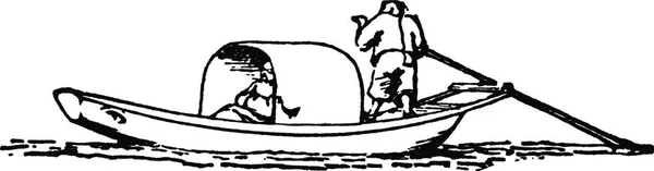 Азиатские Мужчины Плавающие Лодке Выгравированные Простые Векторные Иллюстрации — стоковый вектор
