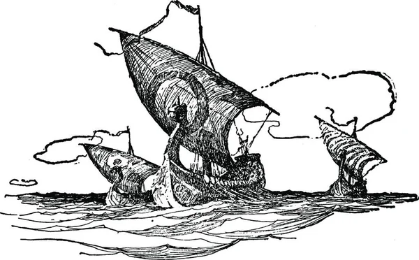 Saxon Ships Vintage Illustration — 图库矢量图片