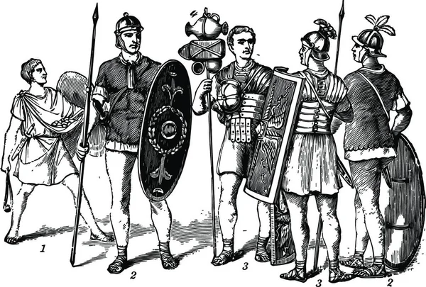 Roman Soldiers Equipment Gravada Ilustração Vetorial Simples —  Vetores de Stock