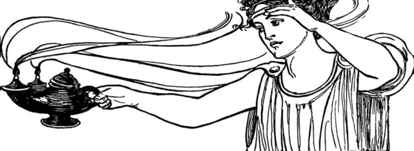 Mujer Con Lámpara Ilustración Vectorial Simple Grabado — Archivo Imágenes Vectoriales