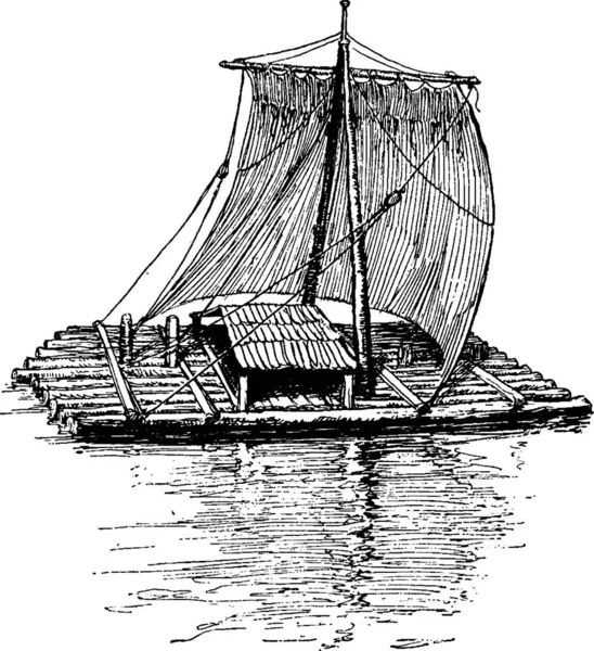 Raft Black White Vintage Vector Illustration — Stock Vector
