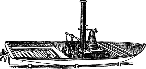 Пропеллерная Лодка Гравированная Простая Векторная Иллюстрация — стоковый вектор