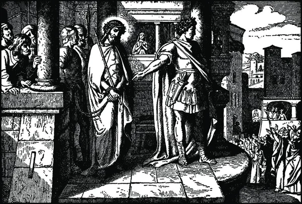 Pilatus Membawa Yesus Kepada Orang Banyak Dan Mereka Meminta Penyaliban - Stok Vektor