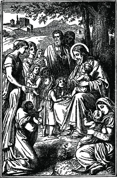 Ісус Благословляє Маленьких Дітей Вигравірувана Проста Векторна Ілюстрація — стоковий вектор