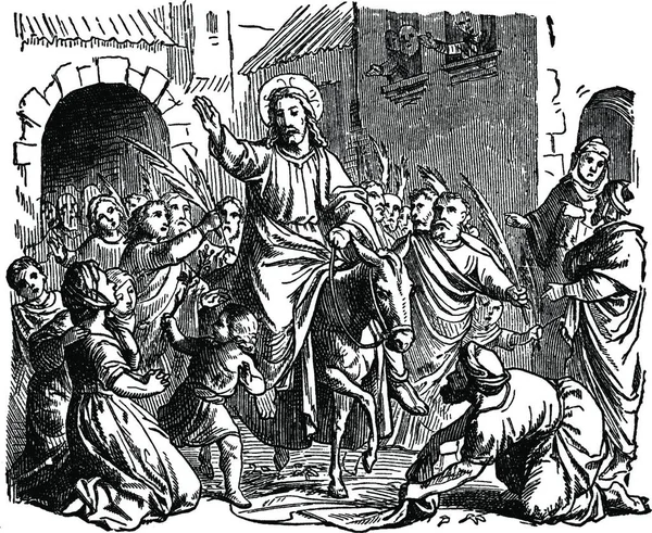 Jesus Triumphal Entry Welcome Jerusalem Engraved Simple Vector Illustration — Stock Vector