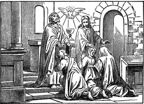 洗礼を受けた回心者に手を置くペテロとヨハネ — ストックベクタ