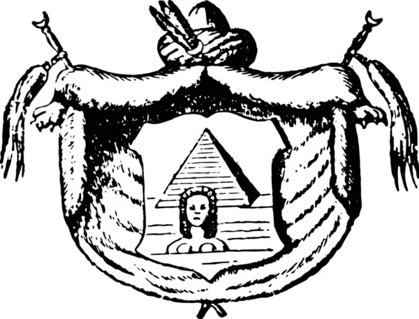 エジプトの紋章は ピラミッドと腕のスフィンクスのコート ヴィンテージイラストです — ストックベクタ