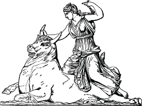 宙斯和欧罗巴 雕刻的简单矢量图解 — 图库矢量图片