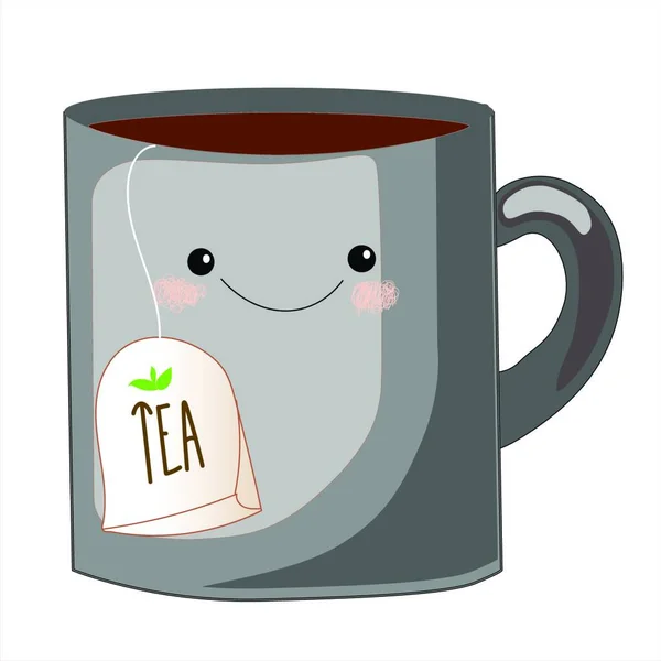 Cute Filiżankę Herbaty Charakter Słodki Teabag Cute Twarze Emoji Obiekty — Wektor stockowy