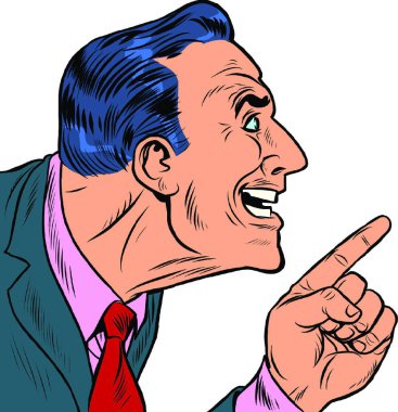 Sinsi adam parmağıyla işaret ediyor, vektör çizimi basit tasarım