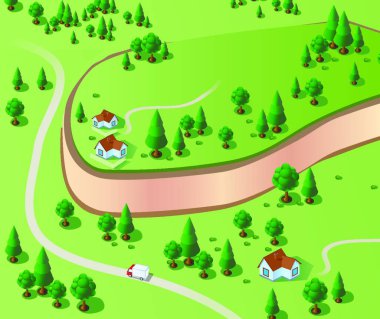 Isometric kırsal sahne, vektör illüstrasyonu basit tasarım