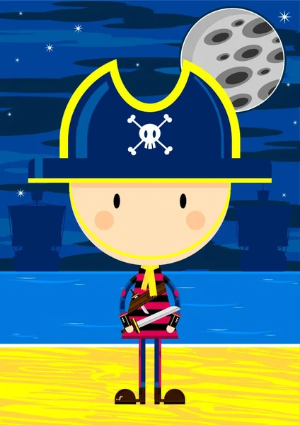 Cute Cartoon Pirate Captain Beach — Stock Vector