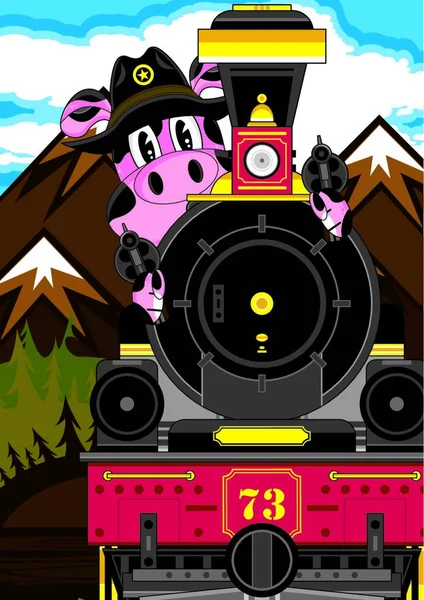 かわいい漫画豚カウボーイ保安官と列車 — ストックベクタ