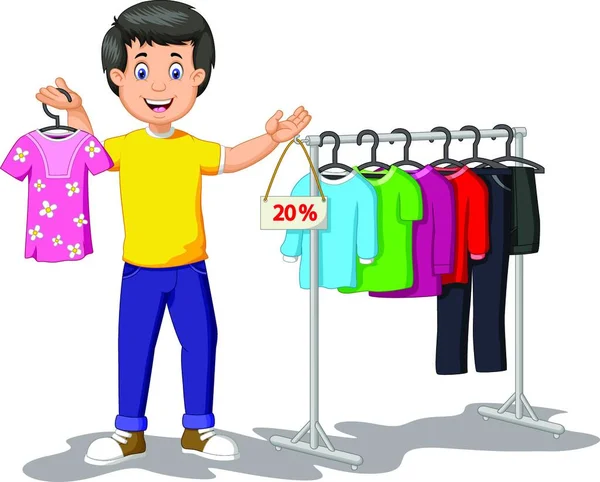 Funny Shopkeeper Man Discount Clothes Cartoon —  Vetores de Stock