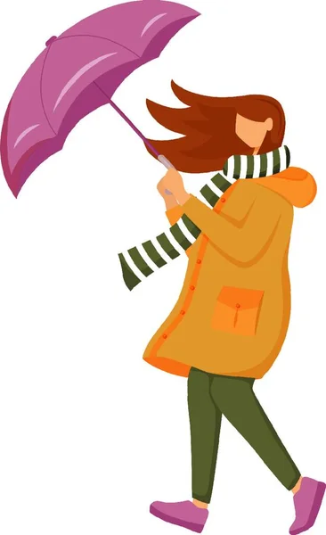Woman Orange Raincoat Flat Color Vector Faceless Character Windy Weather — 스톡 벡터