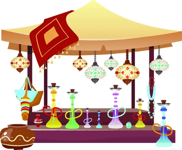 Tenda Mercato Orientale Con Narghilè Illustrazione Cartone Animato Tenda Bazar — Vettoriale Stock