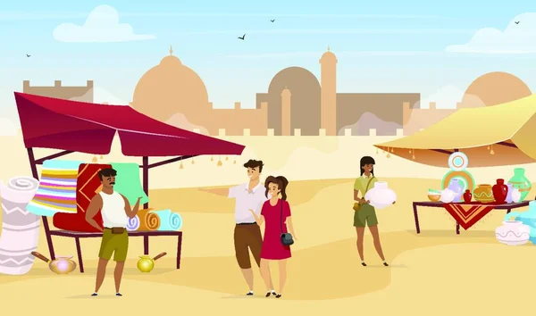 Turisti Che Visitano Bazar Egiziano Illustrazione Vettoriale Colori Piatti Mercato — Vettoriale Stock