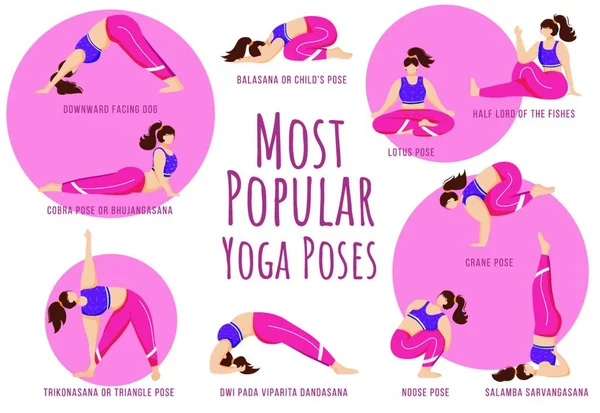 Popular Yoga Poses Pink Vector Infographic Template — Stock Vector