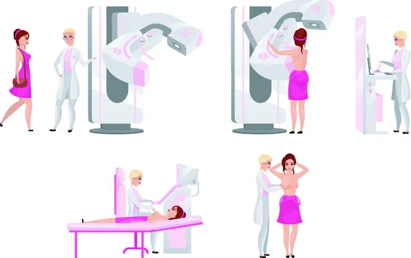 Комплект Плоских Иллюстраций Обследования Молочной Железы Маммография Диагностическая Медицинская Сонография — стоковый вектор