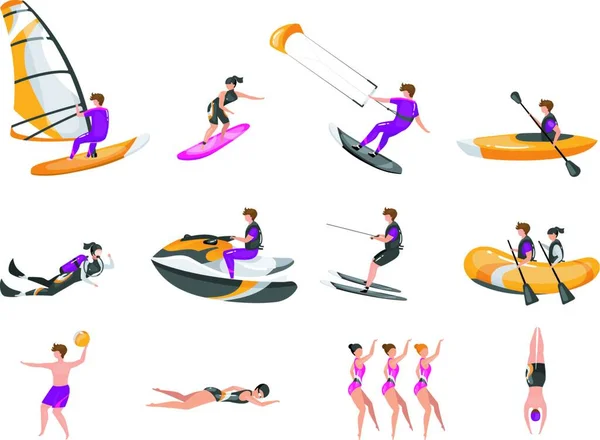 Extreme Water Sport Flat Vector Illustrations Set Surfing Canoeing Kayaking — Vetor de Stock