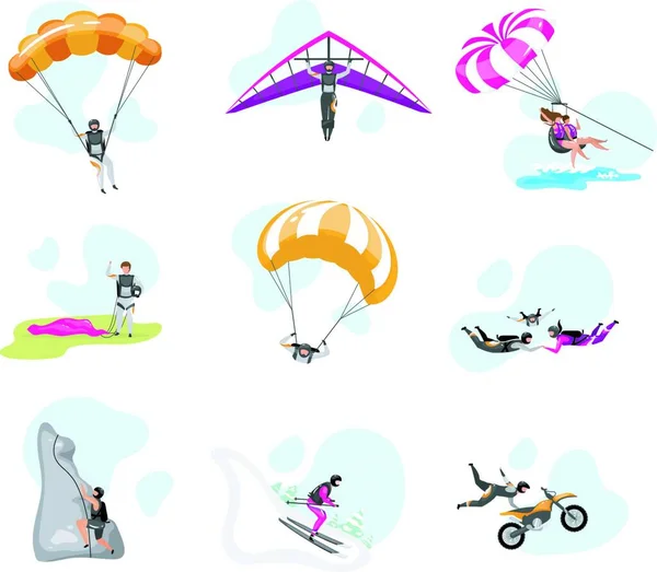 Extreme Sport Flat Vector Illustrations Set Couple Paragliding Skydiving Parachuting — Stock Vector