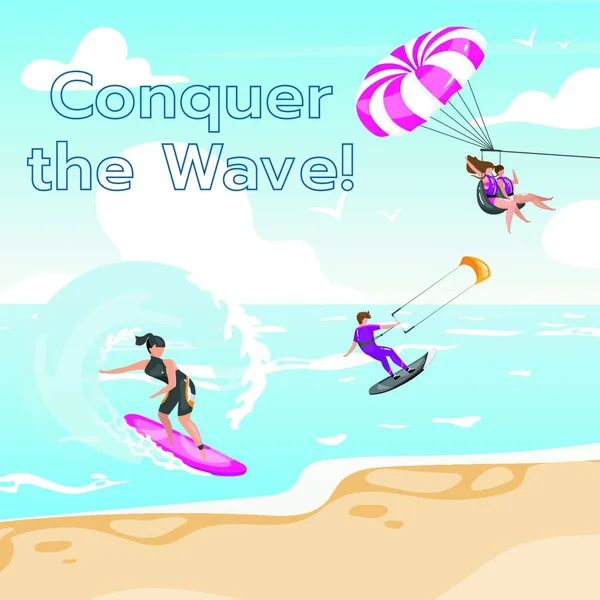 Conquer Wave Social Media Post Mockup Extreme Water Sport Inspirational — Stock Vector