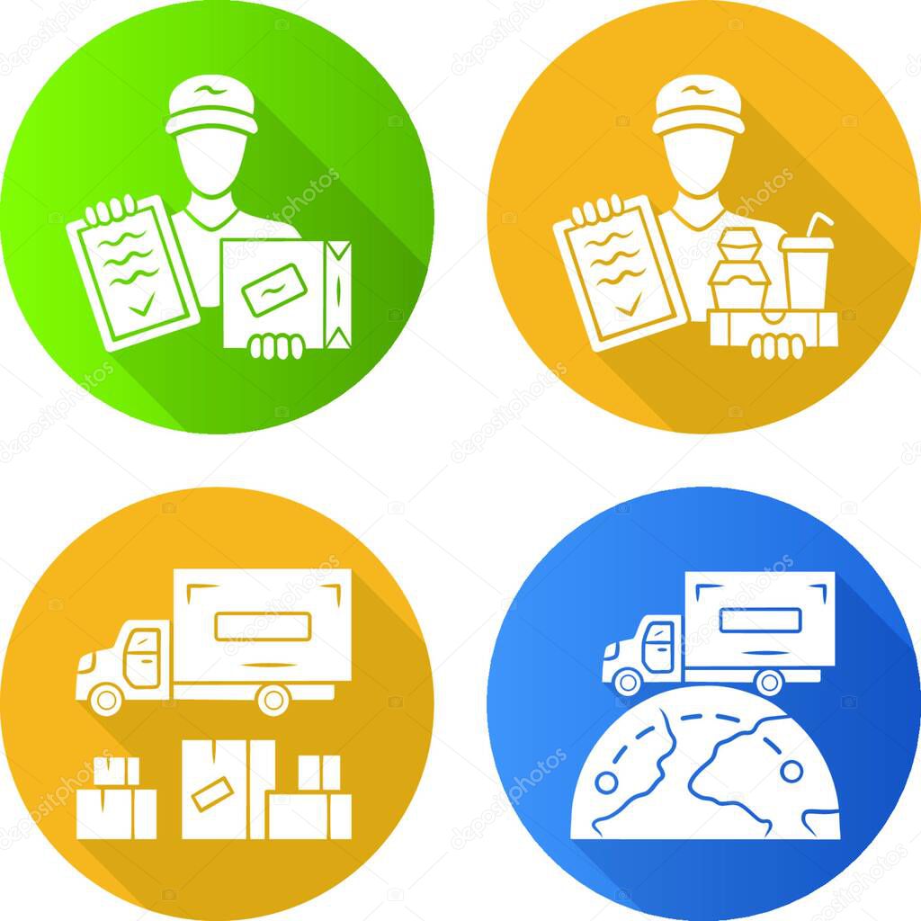 Entrega diseño plano largo conjunto de iconos de glifo de sombra. Envío