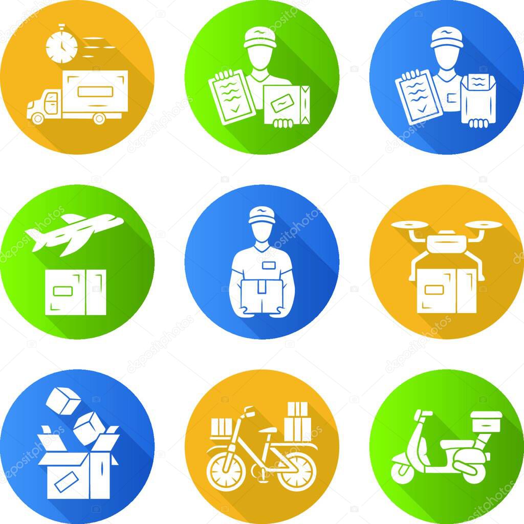 Entrega diseño plano largo conjunto de iconos de glifo de sombra. Avión