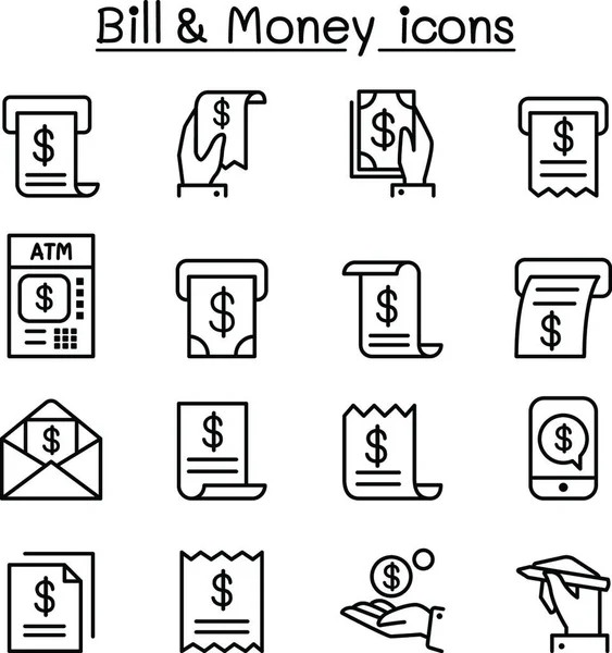Bill Icono Dinero Establecido Estilo Línea Delgada — Archivo Imágenes Vectoriales