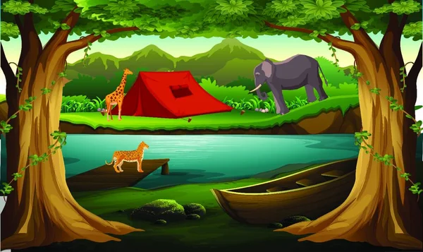 動物は森の中の川の近くに住んでいます — ストックベクタ