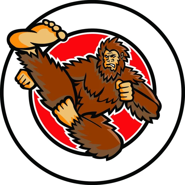 Taekwondo Bigfoot Flying Kick Circle Mascot — Vector de stock