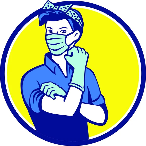 Rosie Riveter Wearing Mask Circle Mascot — Stock vektor