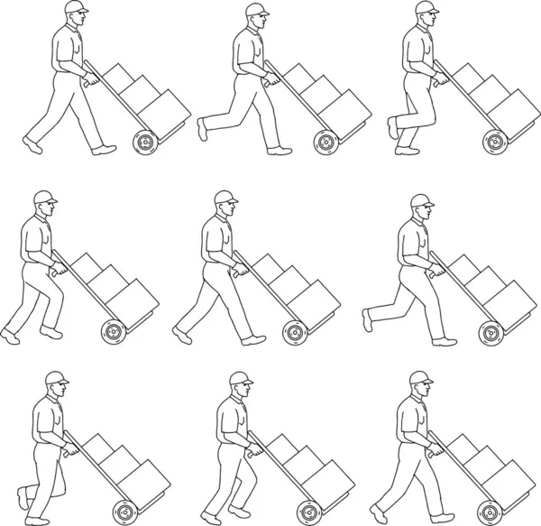 Delivery Worker Pushing Hand Cart Walk Sequence Drawing — 스톡 벡터