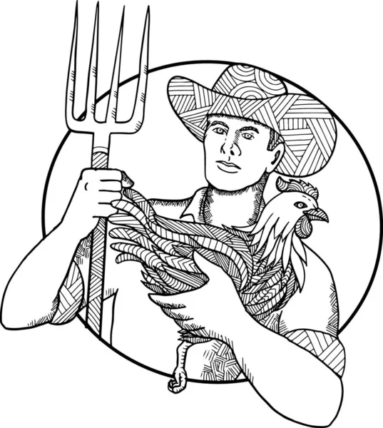 Farmer Holding Hen Pitchfork Zentagle — 图库矢量图片