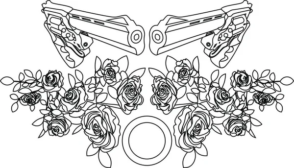 Line Art Two Revolvers Roses — Stock Vector