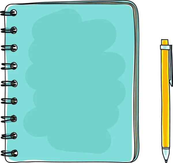 Modrý Zápisník Žluté Pero Handdrawn Vektorové Umění Ilustrace — Stockový vektor